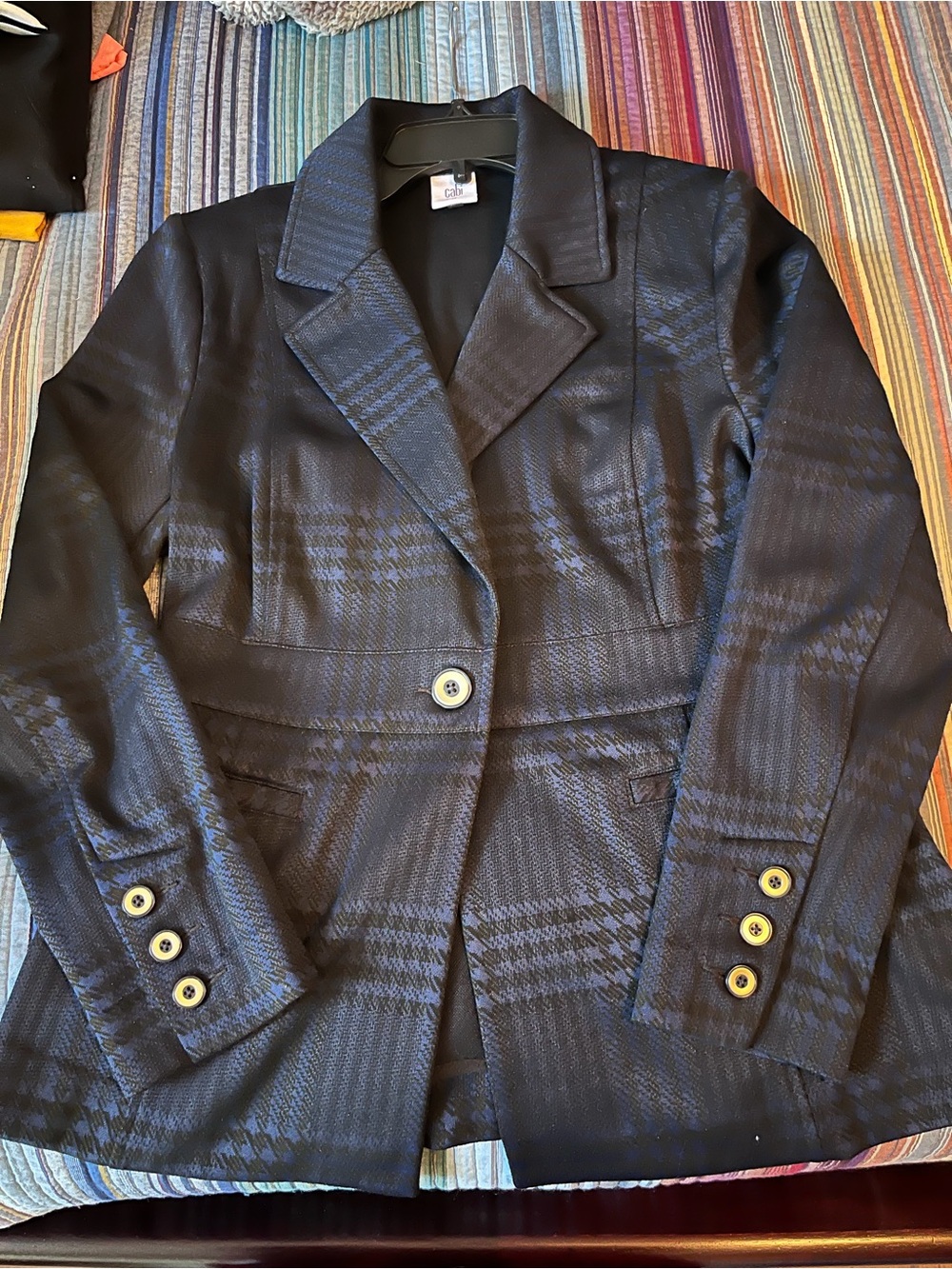 CAbi Black and Blue Plaid Single-Button Blazer